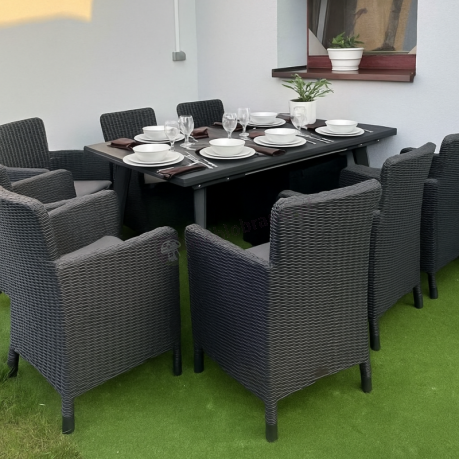 Meble na taras Kantara Comfort 8 foteli z rozkładanym stołem obiadowym 160-240 cm