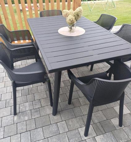 Meble na taras Kantara Modern, stół rozkładany 160-240 cm i 8 sztaplowanych krzeseł