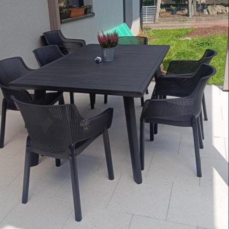 Meble na taras Kantara Modern, stół rozkładany 160-240 cm i 8 sztaplowanych krzeseł
