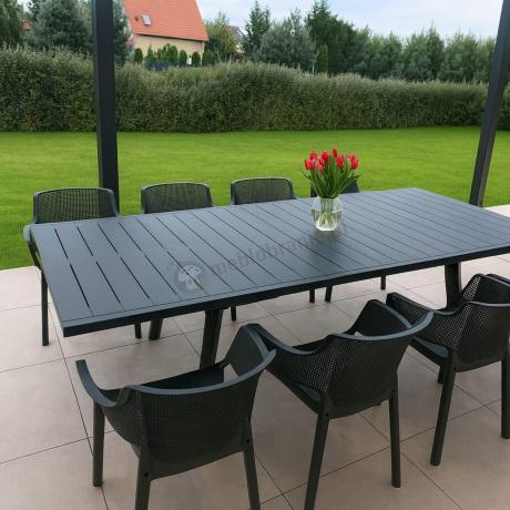 Meble na taras Kantara Modern, stół rozkładany 160-240 cm i 8 sztaplowanych krzeseł