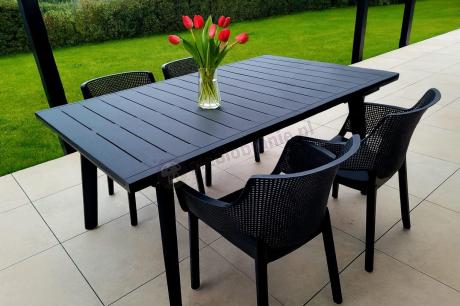 Meble na taras Kantara Modern, stół rozkładany 160-240 cm i 8 sztaplowanych krzeseł