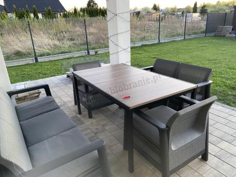 Meble na taras z tworzywa Scali Combo grafit na 7 osób, stół obiadowy 156cm z blat imitacja drewna