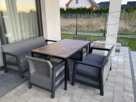 Meble na taras z tworzywa Scali Combo grafit na 7 osób, stół obiadowy 156cm z blat imitacja drewna