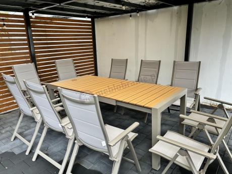 Meble obiadowe dla 10 osób ze stołem 210 i regulowanymi krzesłami Tanami Daven Taupe