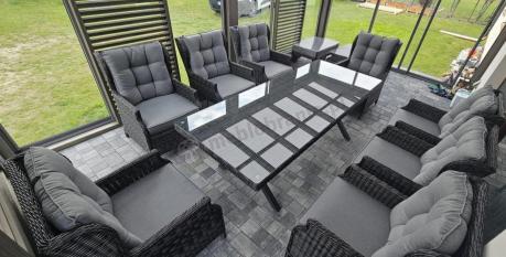 Meble obiadowe na taras - stół 220cm z nogą X + 8 foteli Laritto - Antracyt