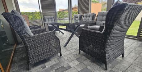 Meble obiadowe na taras - stół 220cm z nogą X + 8 foteli Laritto - Antracyt