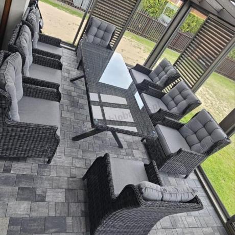 Meble obiadowe na taras - stół 220cm z nogą X + 8 foteli Laritto - Antracyt