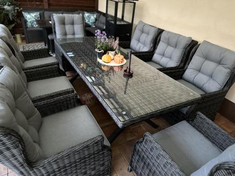 Meble obiadowe na taras - stół 220cm z nogą X + 8 foteli Laritto - Antracyt