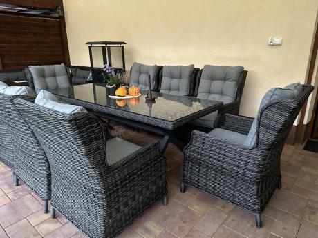 Meble obiadowe na taras - stół 220cm z nogą X + 8 foteli Laritto - Antracyt