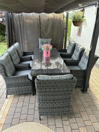 Meble obiadowe na taras - stół 220cm z nogą X + 8 foteli Laritto - Antracyt