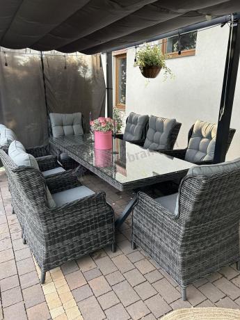 Meble obiadowe na taras - stół 220cm z nogą X + 8 foteli Laritto - Antracyt