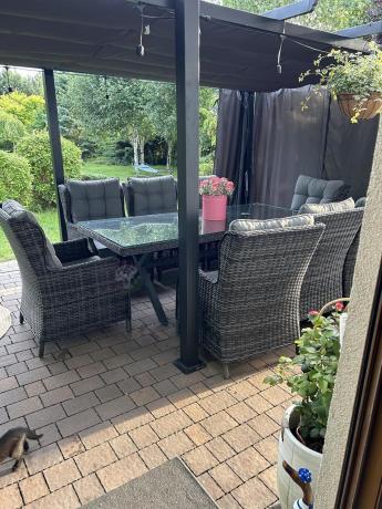 Meble obiadowe na taras - stół 220cm z nogą X + 8 foteli Laritto - Antracyt