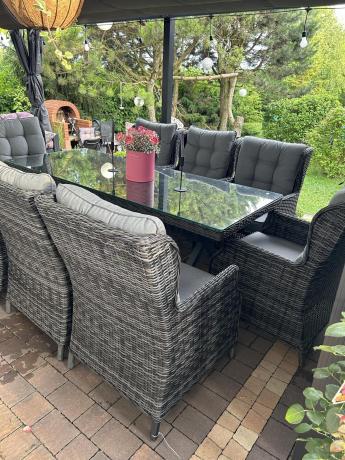 Meble obiadowe na taras - stół 220cm z nogą X + 8 foteli Laritto - Antracyt