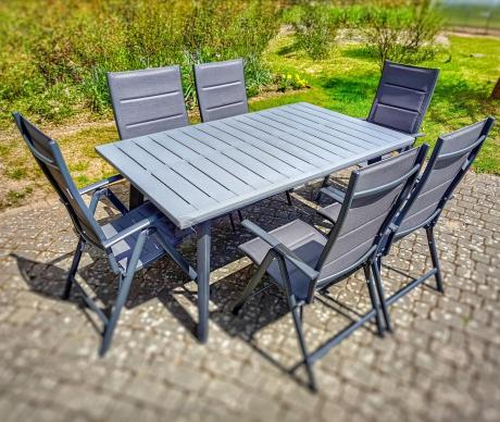 Meble obiadowe na taras dla 10 osób Kantara z jasnoszarym rozkładanym stołem 241cm i grafitowymi krzesłami
