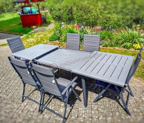 Meble obiadowe na taras dla 10 osób Kantara z jasnoszarym rozkładanym stołem 241cm i grafitowymi krzesłami