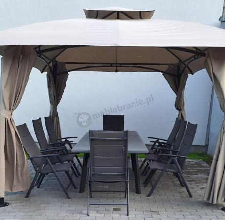 Meble obiadowe na taras dla 10 osób Kantara z jasnoszarym rozkładanym stołem 241cm i grafitowymi krzesłami