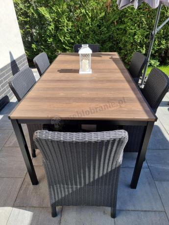 Meble obiadowe na taras Portis Comfort ze stołem 200cm w kolorze orzecha i 10 fotelami