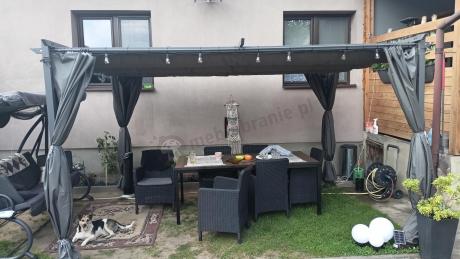 Meble obiadowe na taras Portis Comfort ze stołem 200cm w kolorze orzecha i 6 fotelami