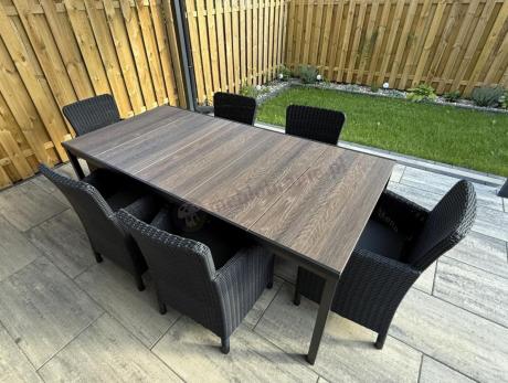 Meble obiadowe na taras Portis Comfort ze stołem 200cm w kolorze orzecha i 6 fotelami