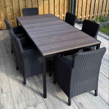 Meble obiadowe na taras Portis Comfort ze stołem 200cm w kolorze orzecha i 6 fotelami