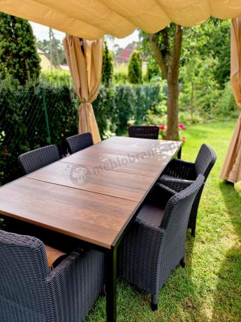 Meble obiadowe na taras Portis Comfort ze stołem 200cm w kolorze orzecha i 6 fotelami