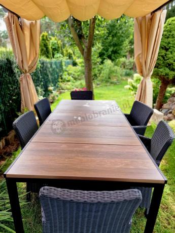 Meble obiadowe na taras Portis Comfort ze stołem 200cm w kolorze orzecha i 6 fotelami