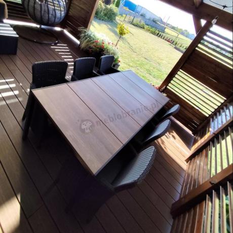 Meble obiadowe na taras Portis Comfort ze stołem 200cm w kolorze orzecha i 6 fotelami