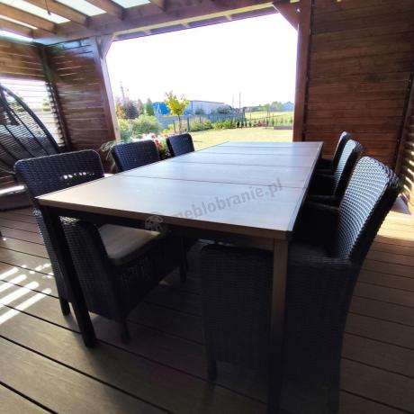 Meble obiadowe na taras Portis Comfort ze stołem 200cm w kolorze orzecha i 6 fotelami