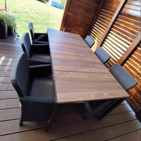 Meble obiadowe na taras Portis Comfort ze stołem 200cm w kolorze orzecha i 6 fotelami