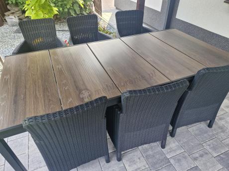 Meble obiadowe na taras Portis Comfort ze stołem 200cm w kolorze orzecha i 6 fotelami