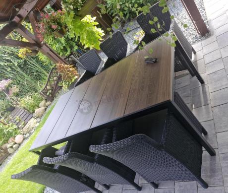 Meble obiadowe na taras Portis Comfort ze stołem 200cm w kolorze orzecha i 6 fotelami