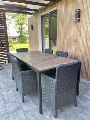 Meble obiadowe na taras Portis Comfort ze stołem 200cm w kolorze orzecha i 6 fotelami