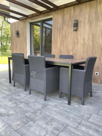 Meble obiadowe na taras Portis Comfort ze stołem 200cm w kolorze orzecha i 6 fotelami