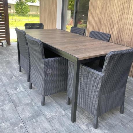 Meble obiadowe na taras Portis Comfort ze stołem 200cm w kolorze orzecha i 6 fotelami
