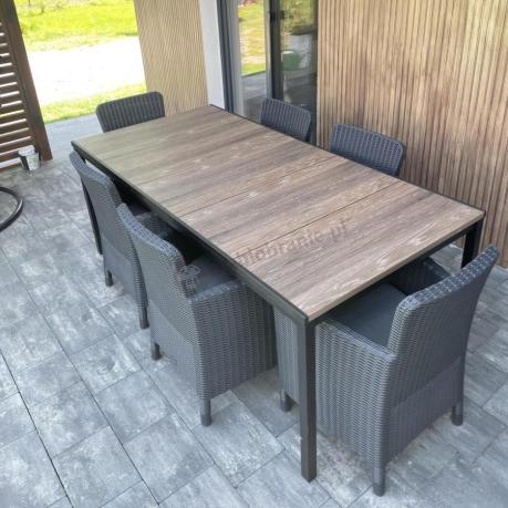 Meble obiadowe na taras Portis Comfort ze stołem 200cm w kolorze orzecha i 6 fotelami