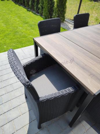 Meble obiadowe na taras Portis Comfort ze stołem 200cm w kolorze orzecha i 6 fotelami