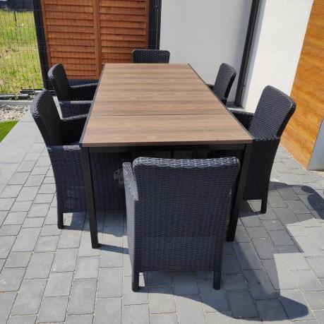 Meble obiadowe na taras Portis Comfort ze stołem 200cm w kolorze orzecha i 6 fotelami