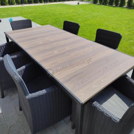 Meble obiadowe na taras Portis Comfort ze stołem 200cm w kolorze orzecha i 6 fotelami
