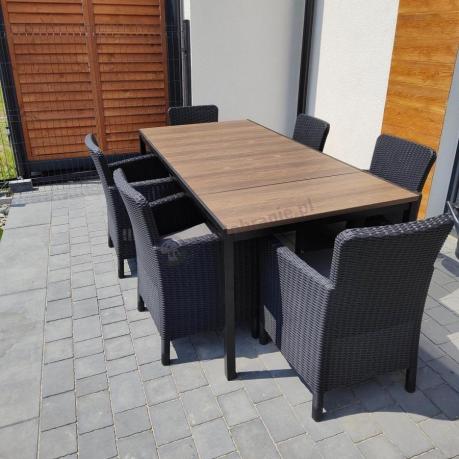 Meble obiadowe na taras Portis Comfort ze stołem 200cm w kolorze orzecha i 6 fotelami