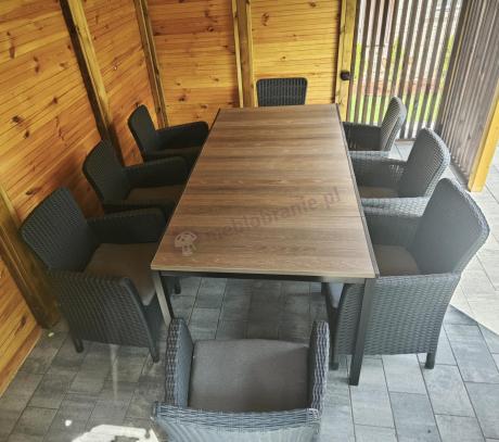 Meble obiadowe na taras Portis Comfort ze stołem 200cm w kolorze orzecha i 8 fotelami