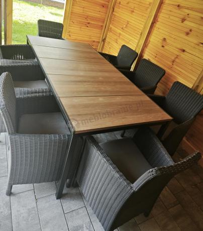 Meble obiadowe na taras Portis Comfort ze stołem 200cm w kolorze orzecha i 8 fotelami