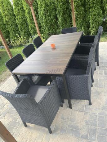 Meble obiadowe na taras Portis Comfort ze stołem 200cm w kolorze orzecha i 8 fotelami