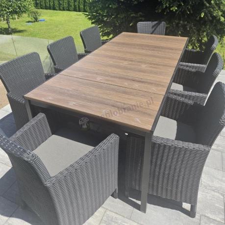 Meble obiadowe na taras Portis Comfort ze stołem 200cm w kolorze orzecha i 8 fotelami