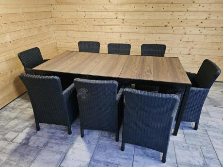 Meble obiadowe na taras Portis Comfort ze stołem 200cm w kolorze orzecha i 8 fotelami