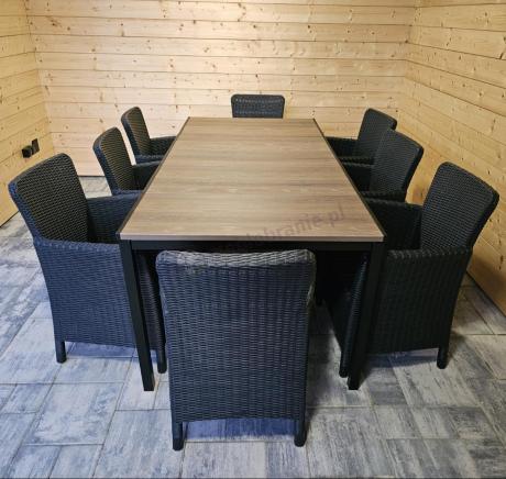 Meble obiadowe na taras Portis Comfort ze stołem 200cm w kolorze orzecha i 8 fotelami
