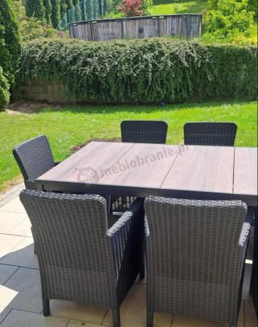 Meble obiadowe na taras Portis Comfort ze stołem 200cm w kolorze orzecha i 8 fotelami