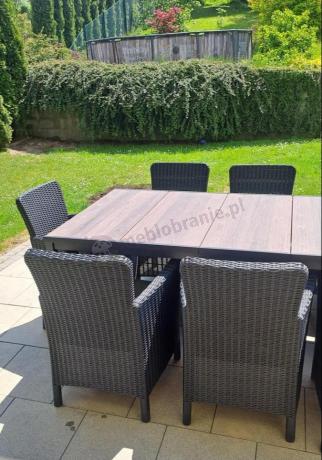 Meble obiadowe na taras Portis Comfort ze stołem 200cm w kolorze orzecha i 8 fotelami