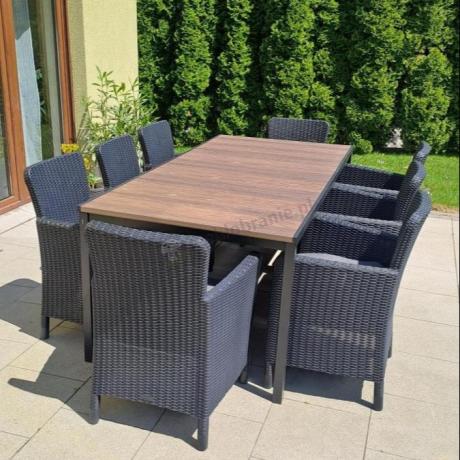 Meble obiadowe na taras Portis Comfort ze stołem 200cm w kolorze orzecha i 8 fotelami