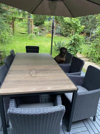 Meble obiadowe na taras Portis Comfort ze stołem 200cm w kolorze orzecha i 8 fotelami