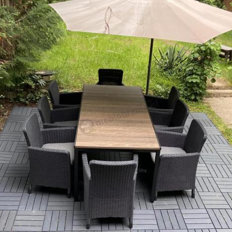 Meble obiadowe na taras Portis Comfort ze stołem 200cm w kolorze orzecha i 8 fotelami